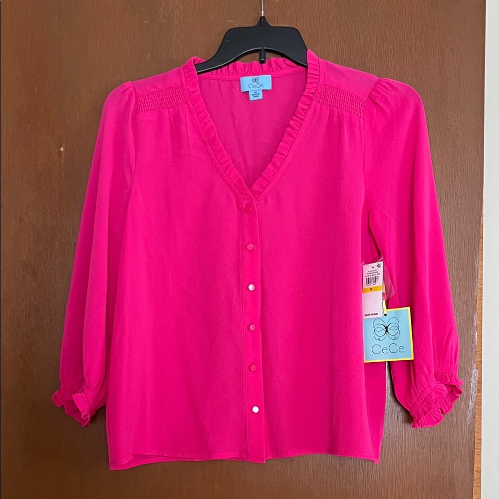 CeCe Women's Bright Pink Button-Down Blouse